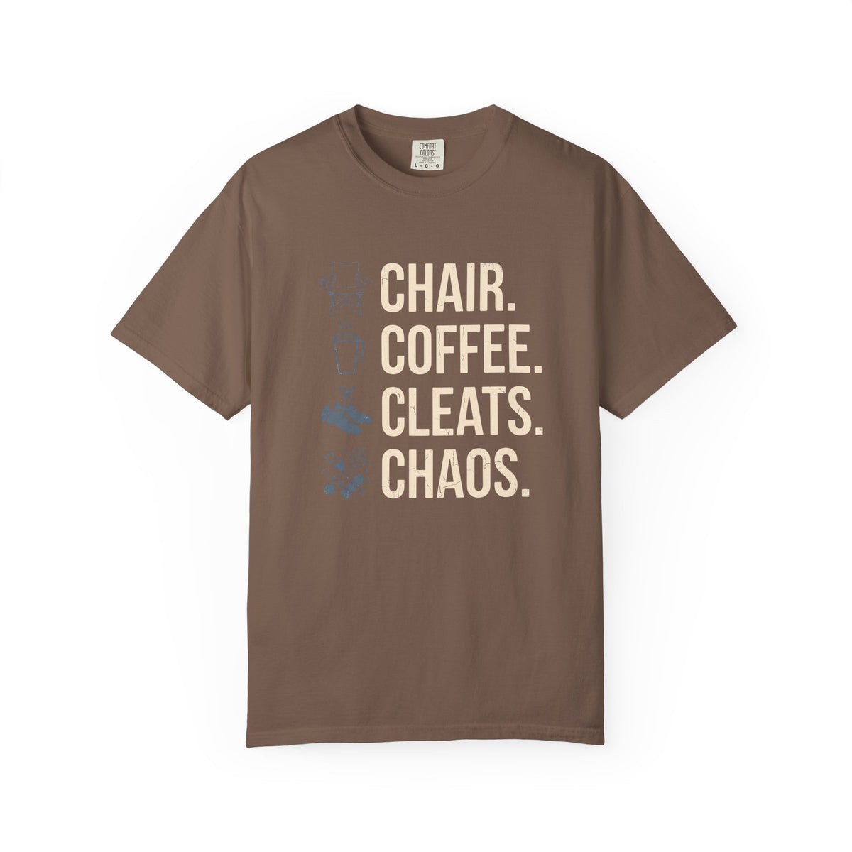 Chair. Coffee. Cleats. Chaos. Illustrated T-shirt