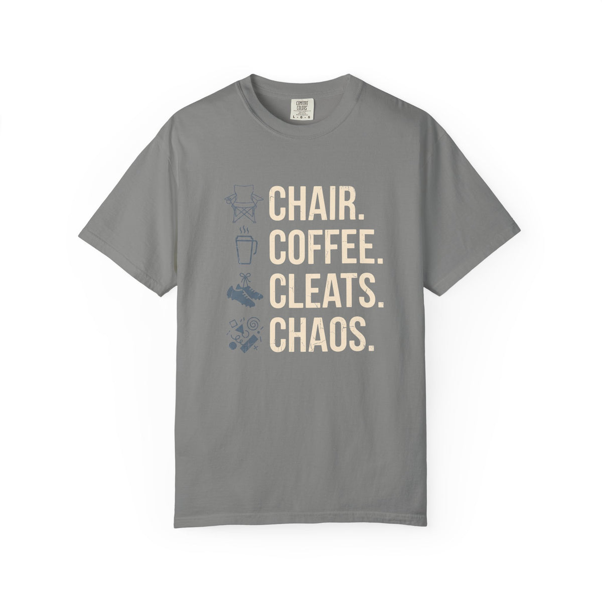 Chair. Coffee. Cleats. Chaos. Illustrated T-shirt
