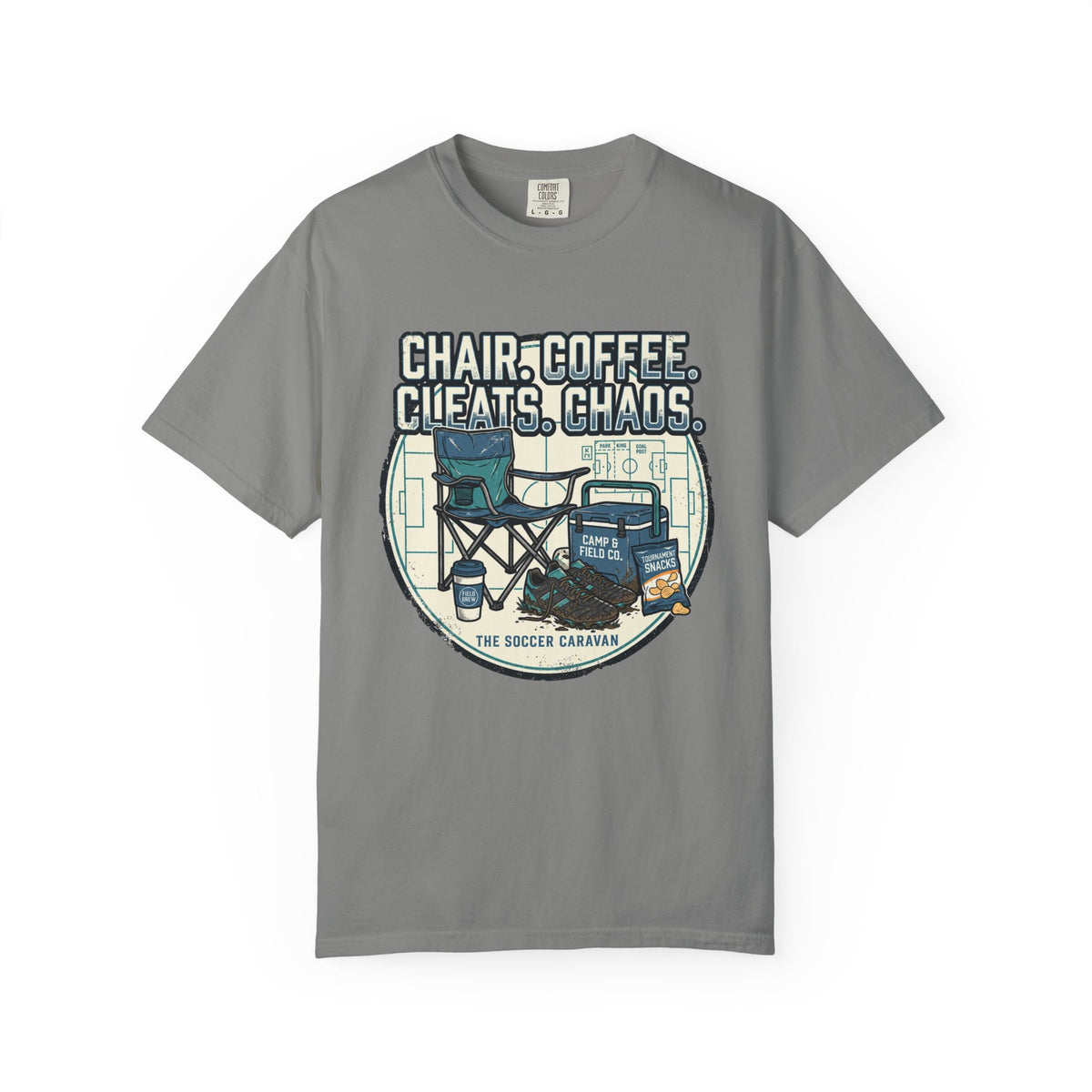 Chair. Coffee. Cleats. Chaos. Art Graphic T-shirt