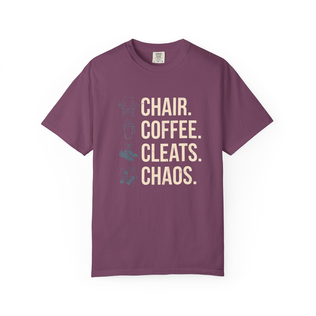 Chair. Coffee. Cleats. Chaos. Illustrated T-shirt