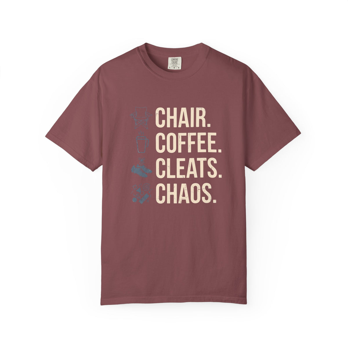 Chair. Coffee. Cleats. Chaos. Illustrated T-shirt