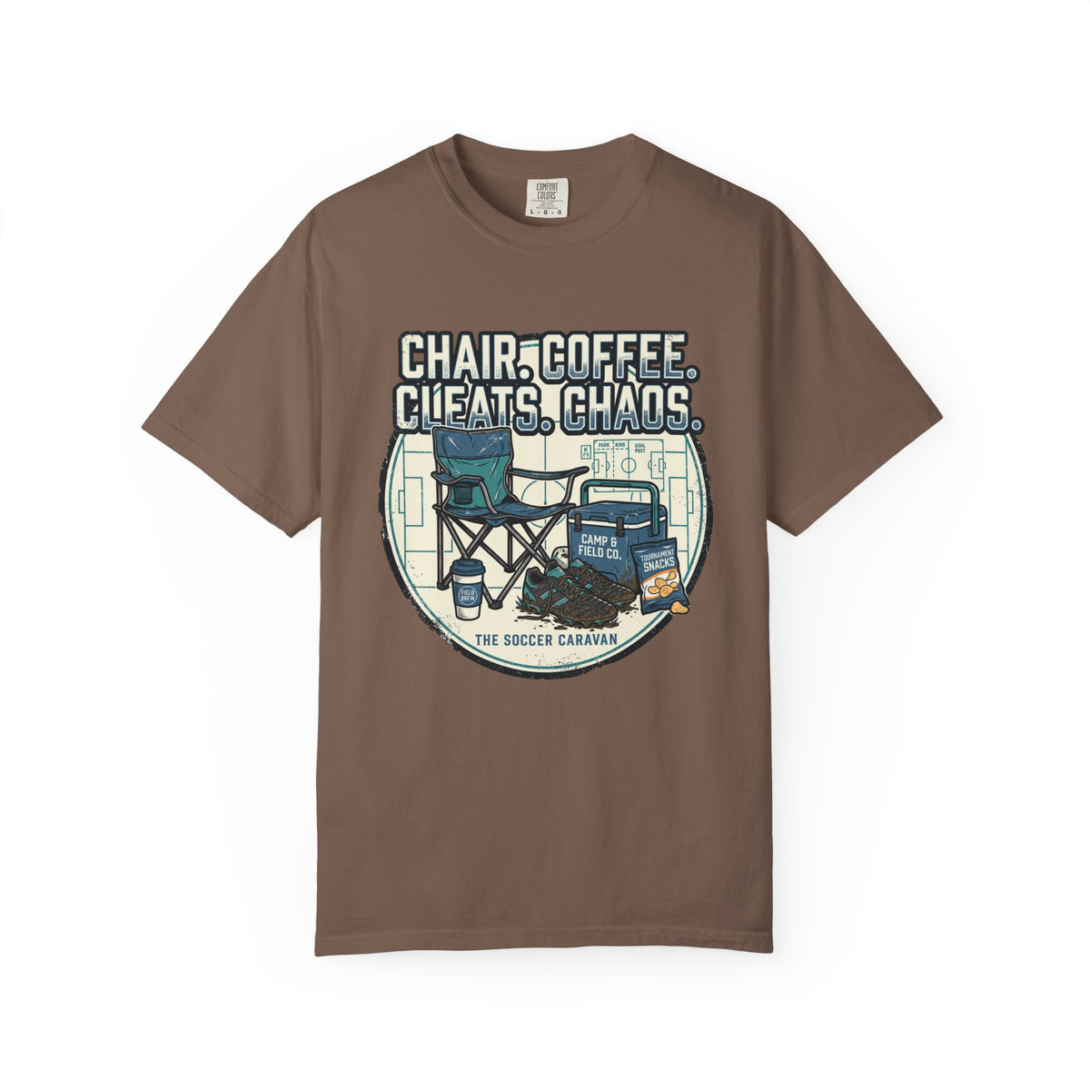 Chair. Coffee. Cleats. Chaos. Art Graphic T-shirt