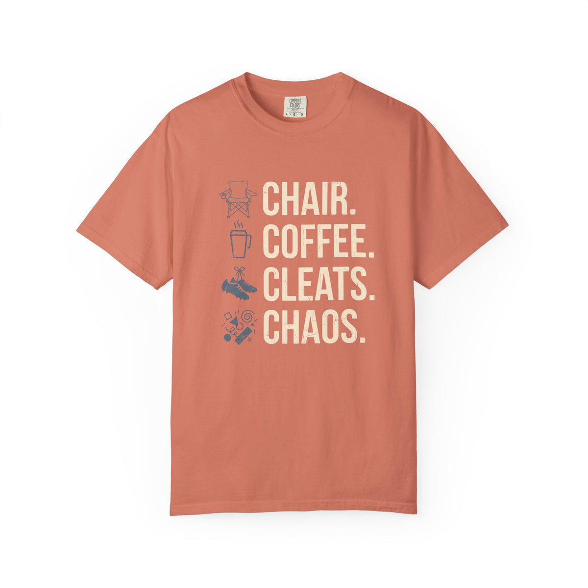 Chair. Coffee. Cleats. Chaos. Illustrated T-shirt