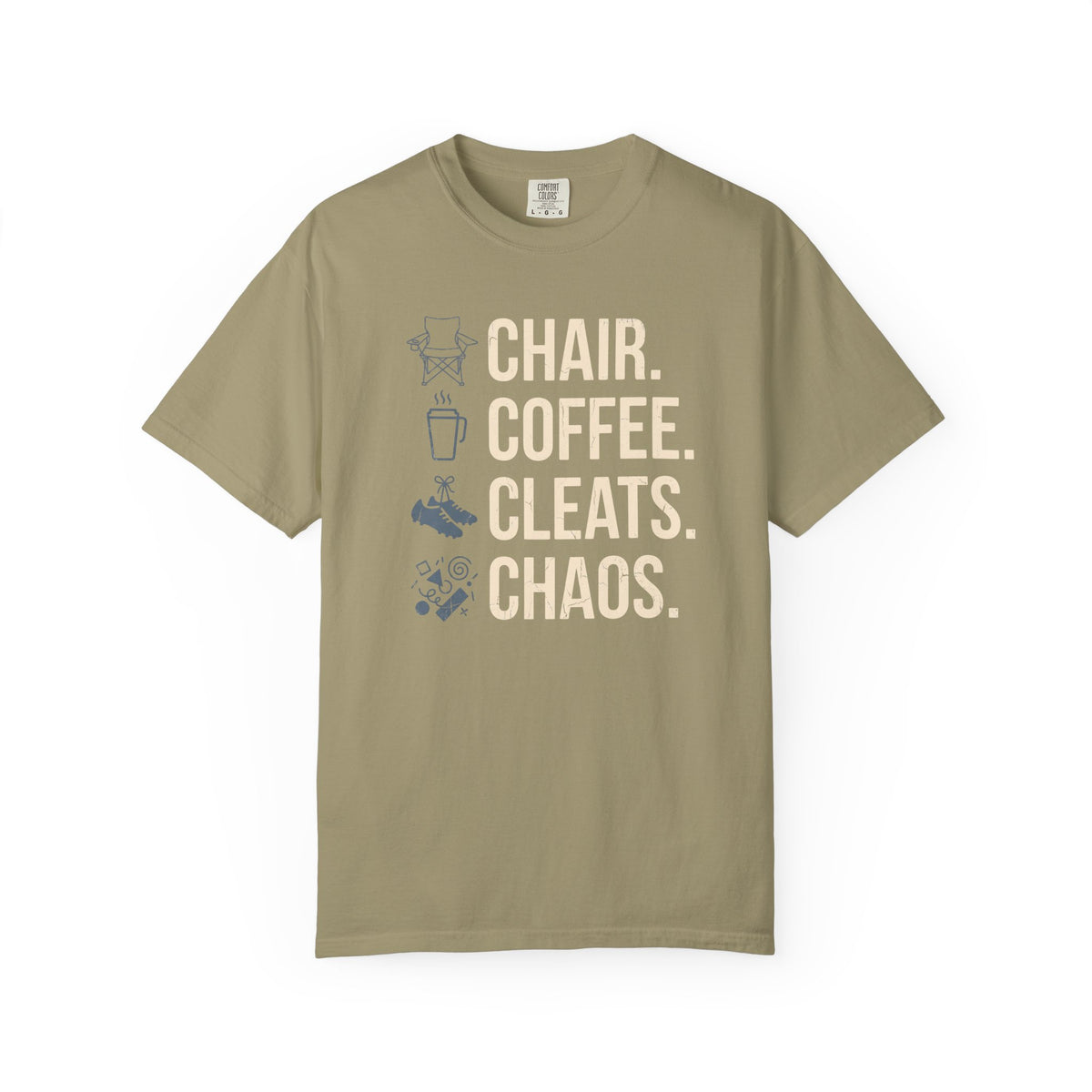Chair. Coffee. Cleats. Chaos. Illustrated T-shirt
