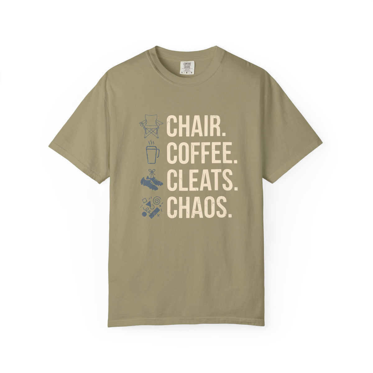 Chair. Coffee. Cleats. Chaos. Illustrated T-shirt