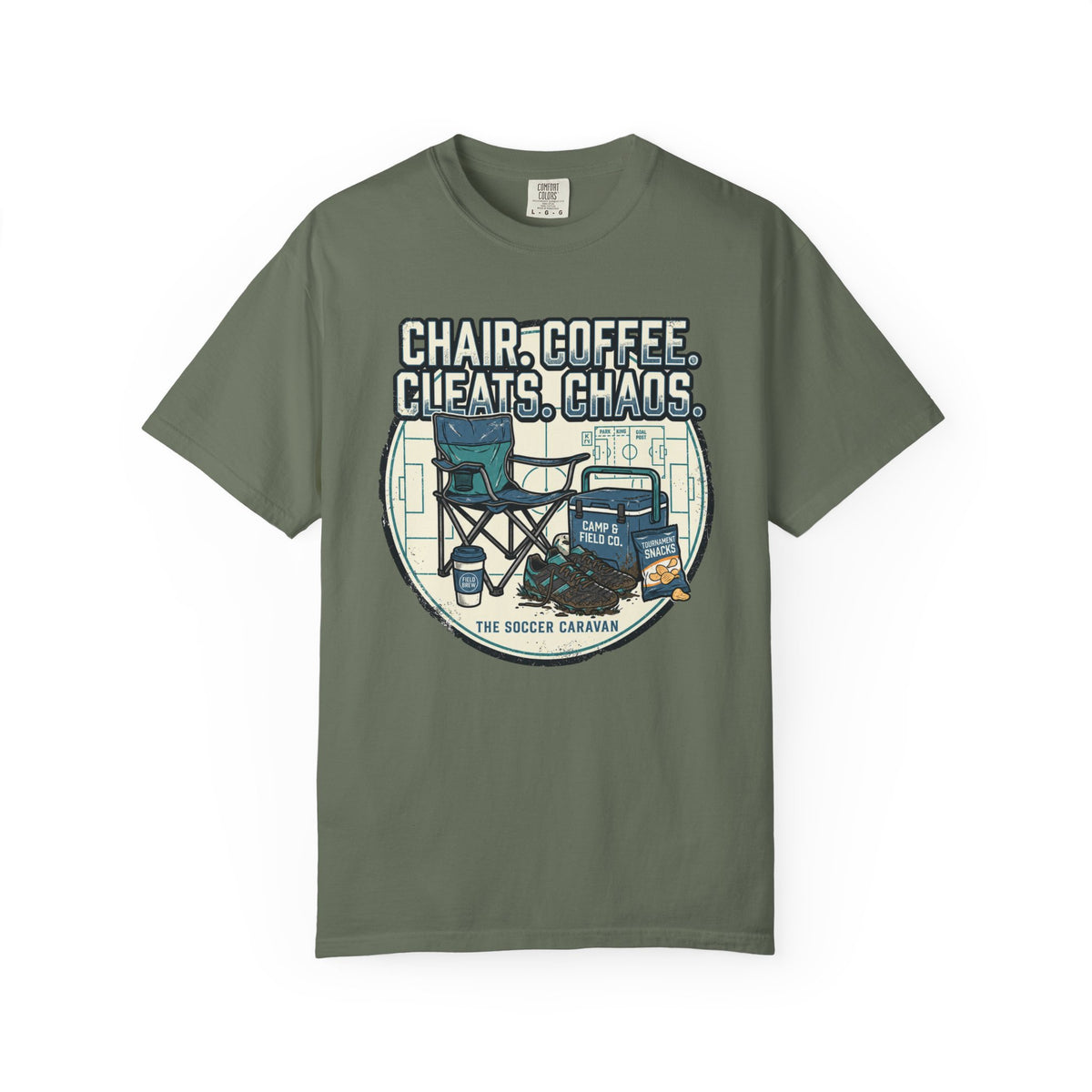 Chair. Coffee. Cleats. Chaos. Art Graphic T-shirt
