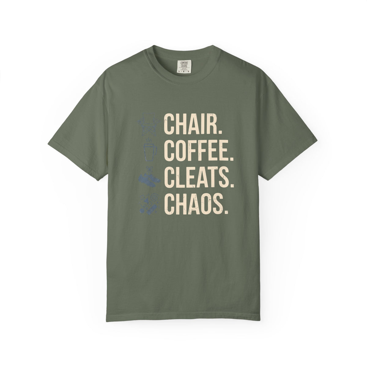 Chair. Coffee. Cleats. Chaos. Illustrated T-shirt