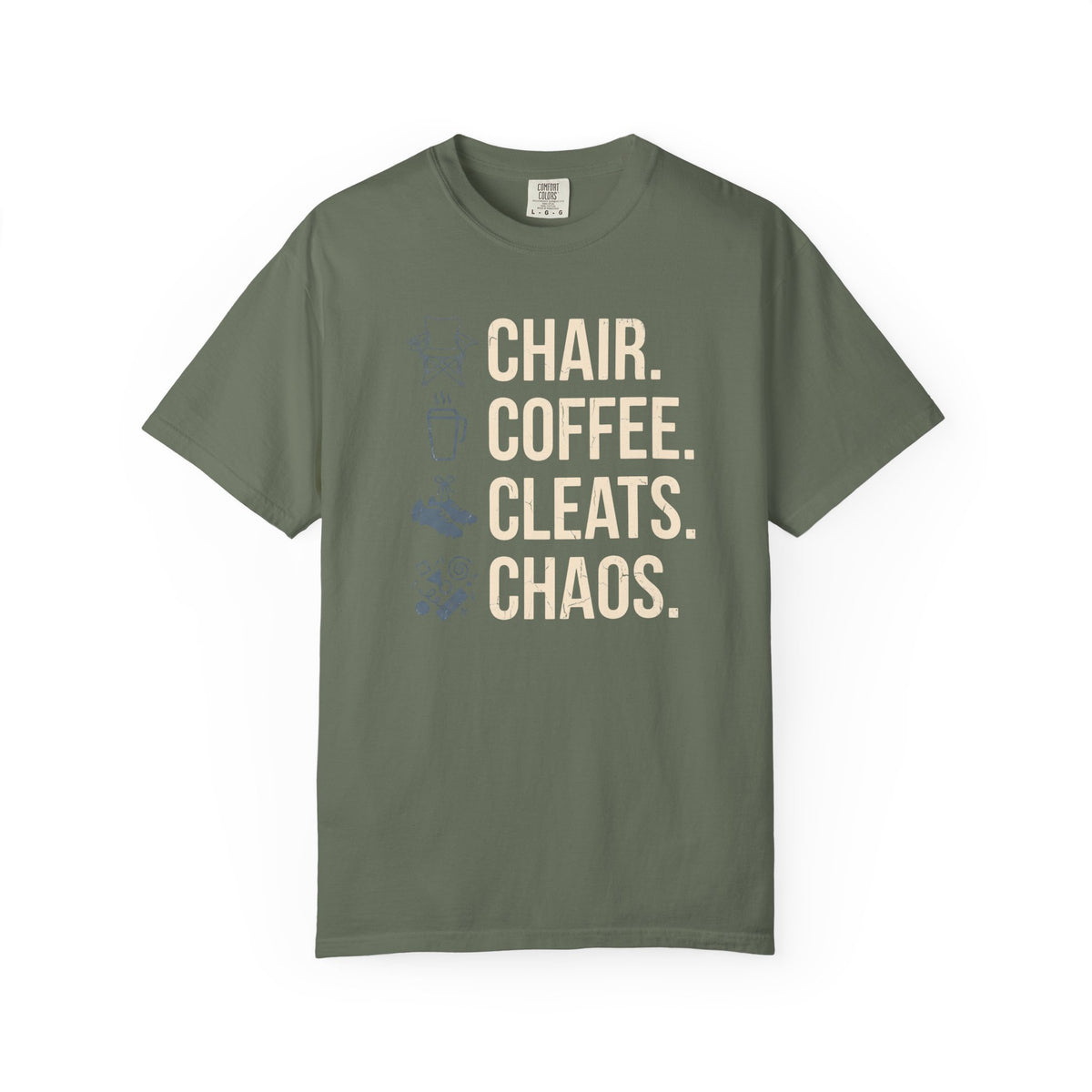 Chair. Coffee. Cleats. Chaos. Illustrated T-shirt