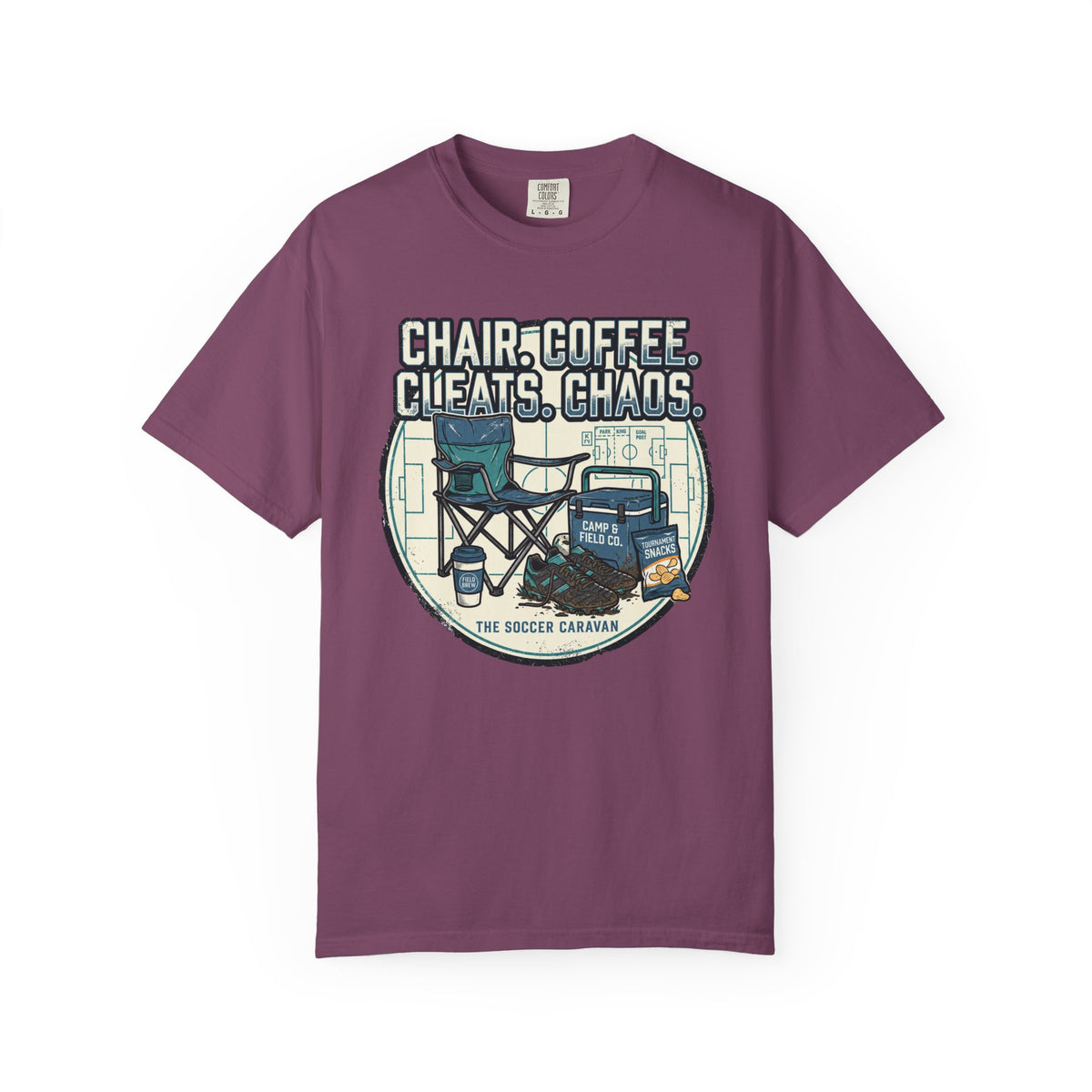 Chair. Coffee. Cleats. Chaos. Art Graphic T-shirt