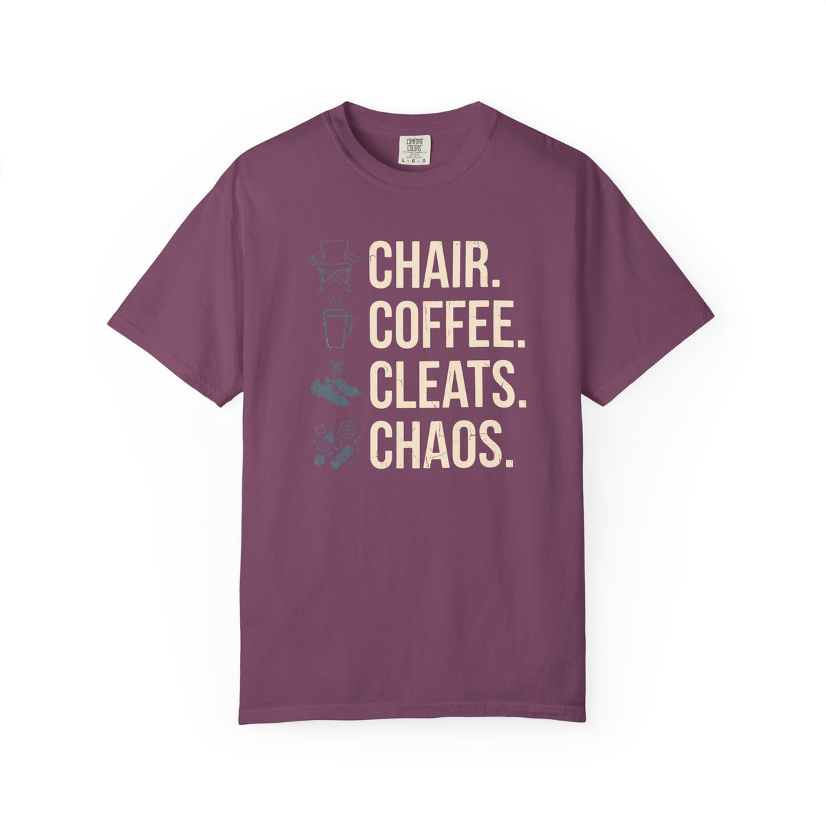 Chair. Coffee. Cleats. Chaos. Illustrated T-shirt