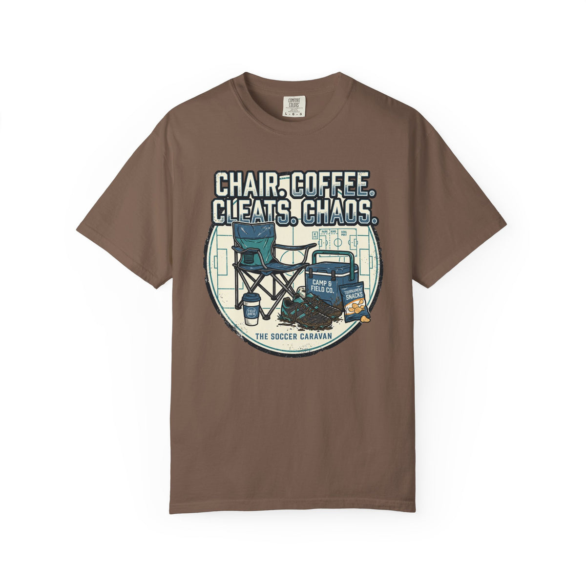 Chair. Coffee. Cleats. Chaos. Art Graphic T-shirt