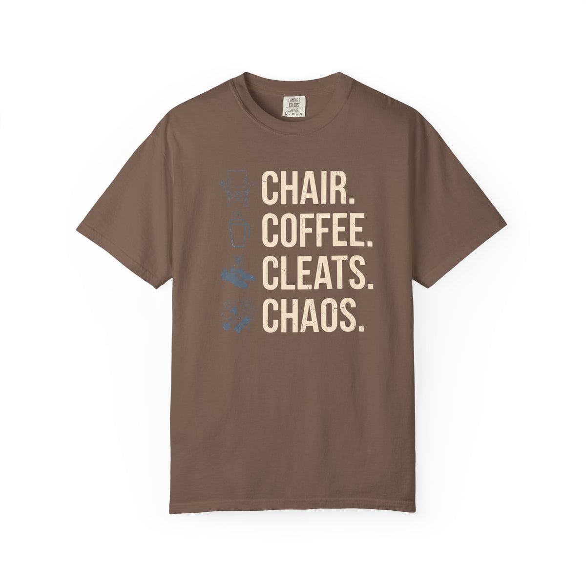 Chair. Coffee. Cleats. Chaos. Illustrated T-shirt