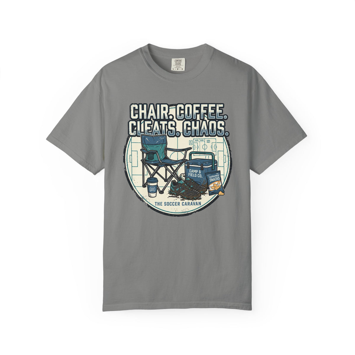 Chair. Coffee. Cleats. Chaos. Art Graphic T-shirt