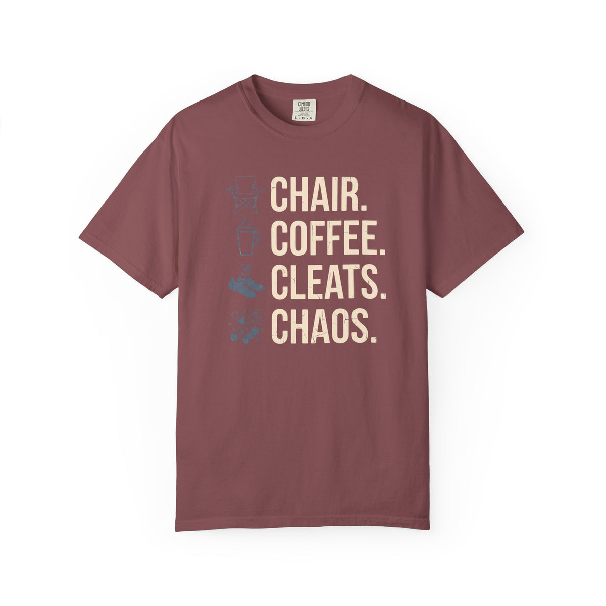 Chair. Coffee. Cleats. Chaos. Illustrated T-shirt