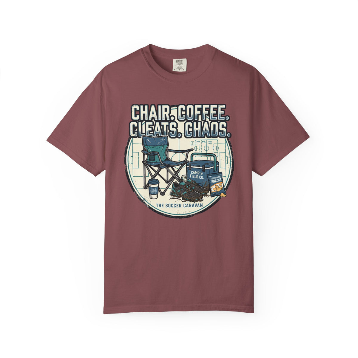 Chair. Coffee. Cleats. Chaos. Art Graphic T-shirt