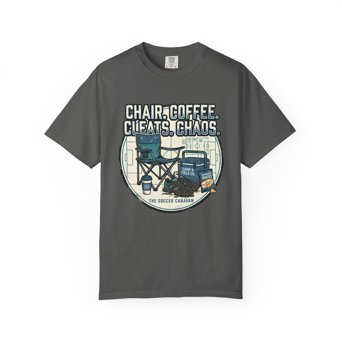 Chair. Coffee. Cleats. Chaos. Art Graphic T-shirt