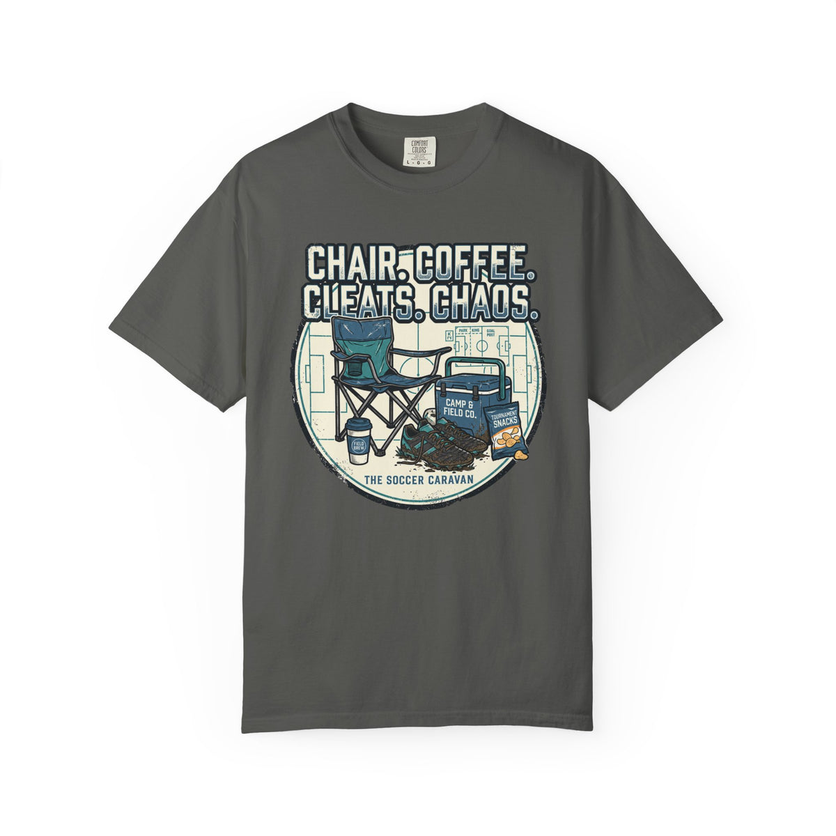 Chair. Coffee. Cleats. Chaos. Art Graphic T-shirt